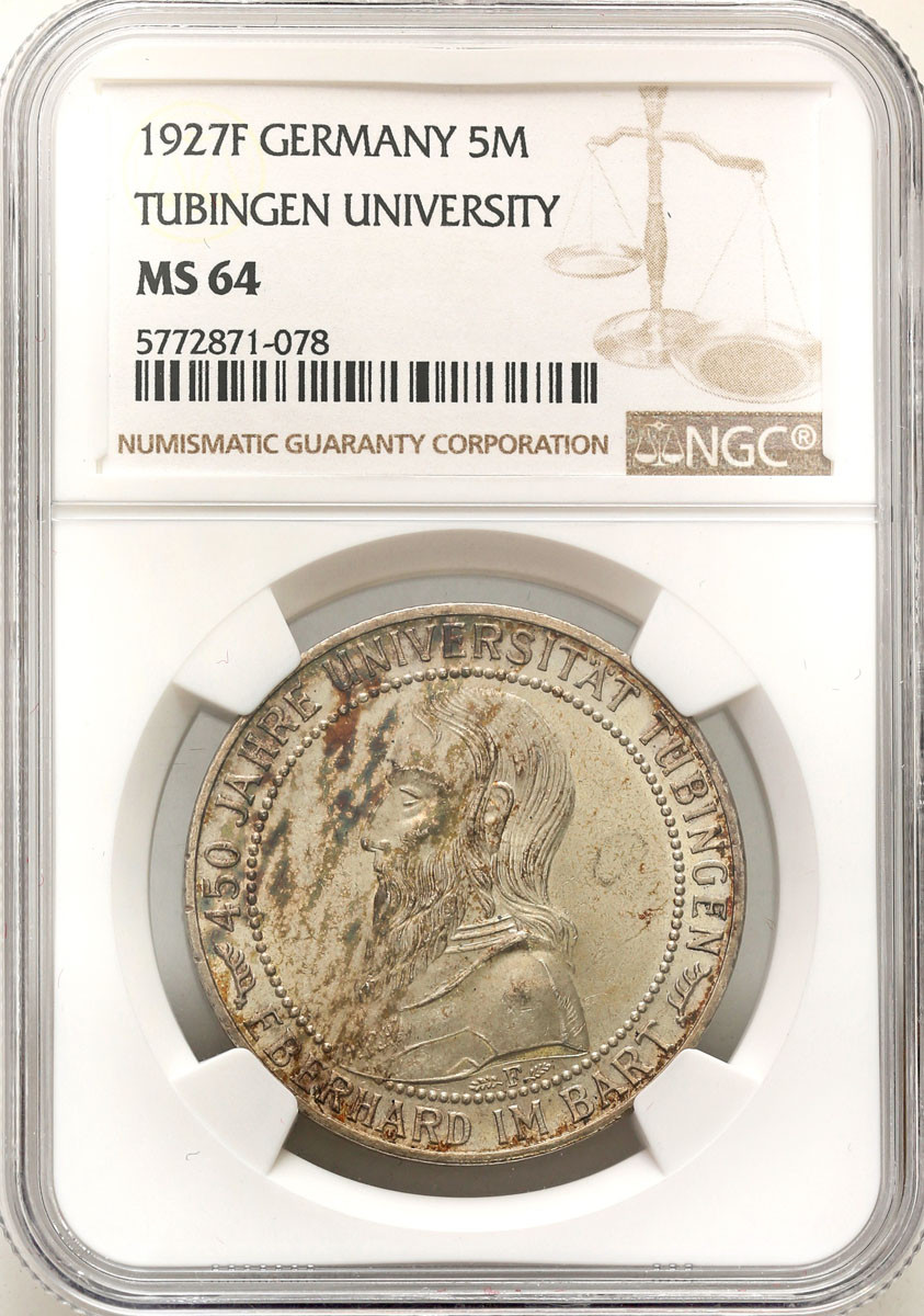 Niemcy. Weimar. 5 marek 1927 F, Stuttgart - Uni. Tubingen NGC MS64 - RZADKIE